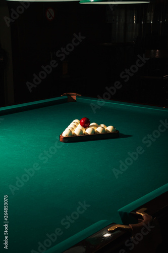 Billards pool game. Green cloth table with white balls