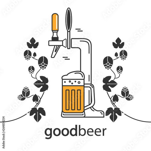 Beer tap, hop and beer glass. Symbol in modern line style. Isolated elements on a white background. Brewery logo, craft beer label, alcohol shop, pub icon.