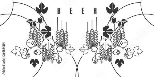 Hops and wheat. Craft beer label, brewing ingredients. Illustration for brewery, pub, bar, restaurant. Horizontal pattern, background. Modern line style.