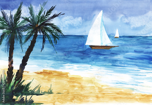 Two white sailboats in the endless blue sea under the sky. In the foreground is a sandy beach with dark silhouettes of palm trees. Hand-drawn watercolor illustration.