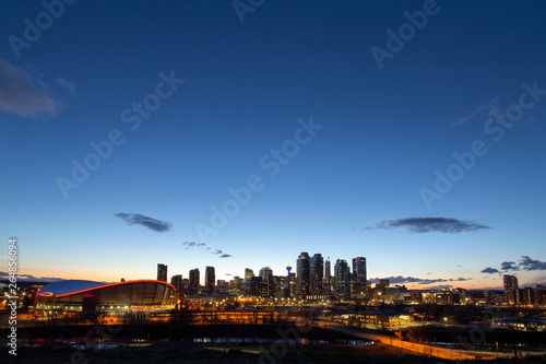 Calgary panorama downtown view at sunset from Scotsman's Hill