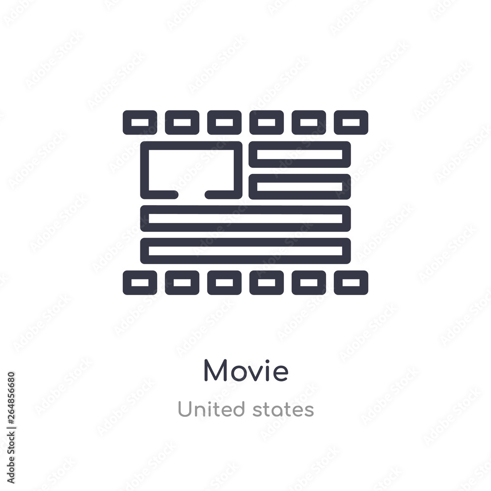 movie outline icon. isolated line vector illustration from united states collection. editable thin stroke movie icon on white background movie outline icon. isolated line vector illustration from united states collection. editable thin stroke movie icon on white background