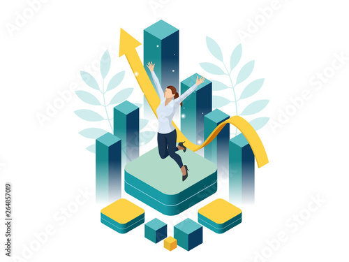Isometric business woman success, leadership, awards, career, successful projects, goal, winning plan, leadership qualities in a creative team, direction on a successful path concept
