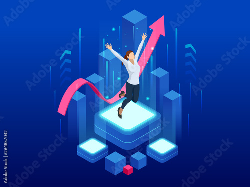 Isometric business woman success, leadership, awards, career, successful projects, goal, winning plan, leadership qualities in a creative team, direction on a successful path concept