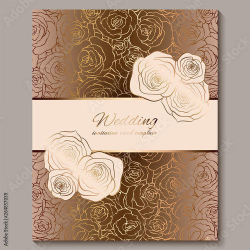 Luxury gold vintage wedding invitation, floral background with place for text, lacy foliage made of roses with golden shiny gradient. Victorian wallpaper ornaments, baroque style template for design