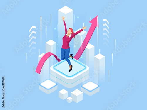 Isometric business woman success, leadership, awards, career, successful projects, goal, winning plan, leadership qualities in a creative team, direction on a successful path concept