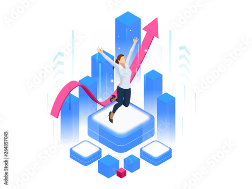 Isometric business woman success, leadership, awards, career, successful projects, goal, winning plan, leadership qualities in a creative team, direction on a successful path concept