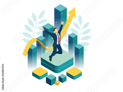 Isometric businessman success, leadership, awards, career, successful projects, goal, winning plan, leadership qualities in a creative team, direction on a successful path concept