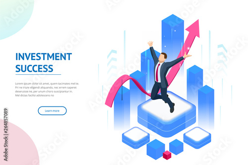 Isometric businessman success, leadership, awards, career, successful projects, goal, winning plan, leadership qualities in a creative team, direction on a successful path concept