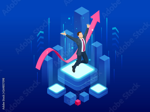 Isometric businessman success, leadership, awards, career, successful projects, goal, winning plan, leadership qualities in a creative team, direction on a successful path concept