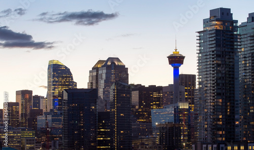 Downtown Calgary close up view with Calgary Tower at sunset