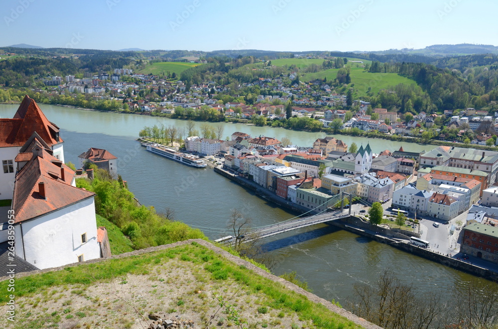 Panoramic view of Passau and the confluence of the rivers Danube and Inn