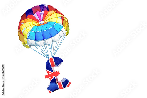 Drawing of a pound of sterling symbol of British currency lifting by parachute on white background, isolated.