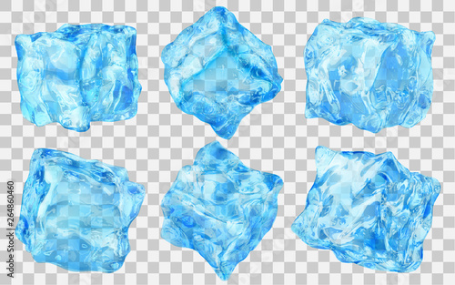 Set of six realistic translucent ice cubes in light blue color isolated on transparent background. Transparency only in vector format