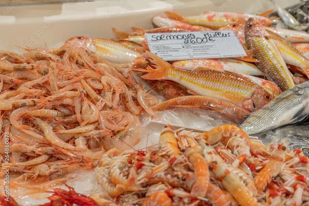shrimps on ice in a fish market shrimps on ice in a fish market