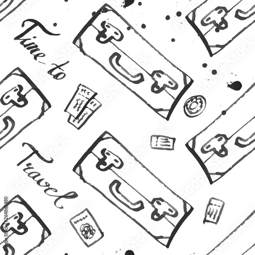 travel baggage seamless pattern. fashion hand drawn ink style with black contour lines isolated on white background. repeatable texture for textile fabric wrapping paper vector illustration