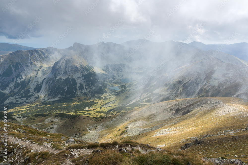 Amazing Panoramic view of hills covered with fog from Musala peak, Rila mountain, Bulgaria
