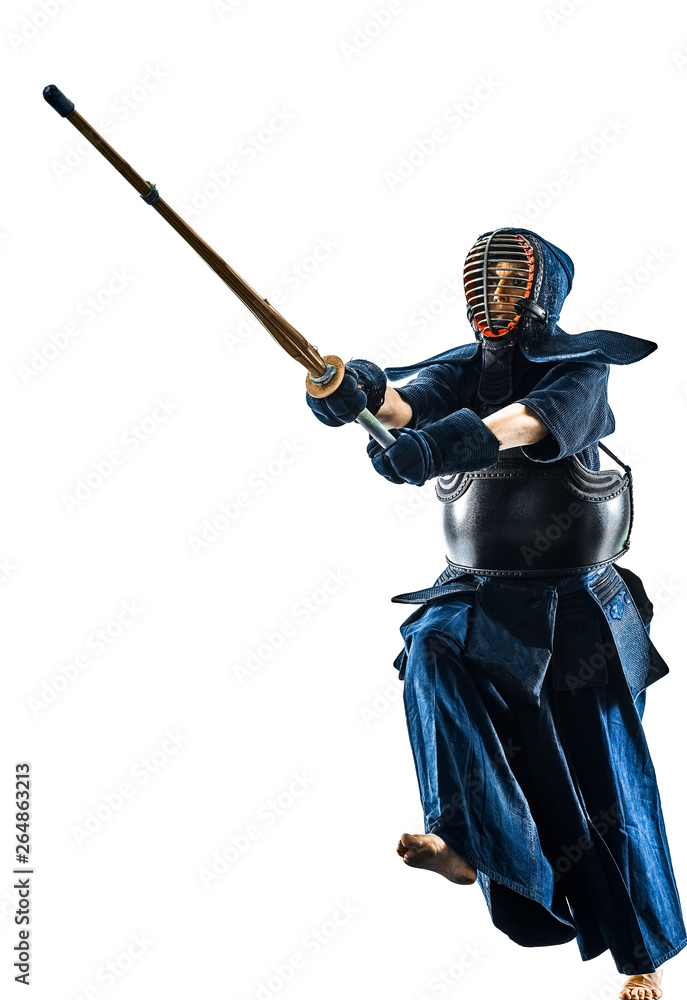 Obraz premium one woman Kendo martial arts fighters combat fighting in silhouette isolated on white bacground