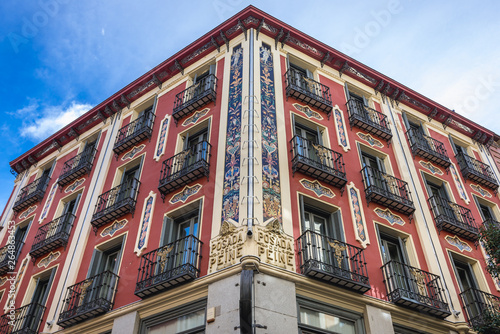 Facade of famous inn Posada del Peine building in Madrid, capital city of Spain
