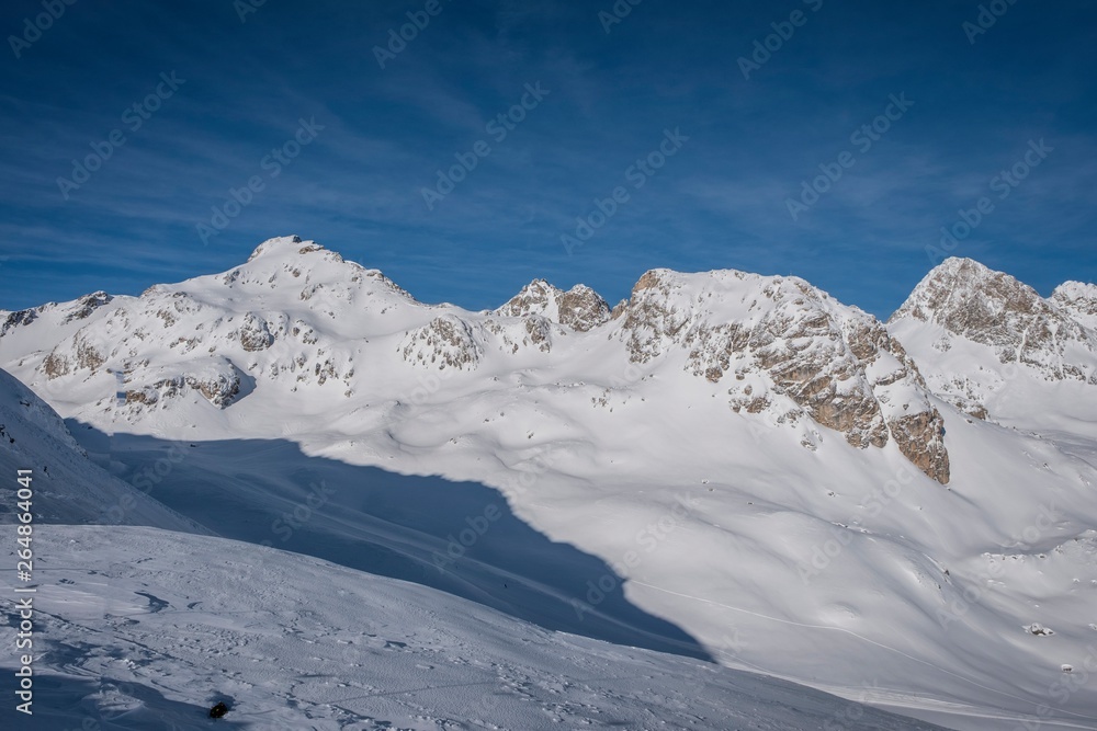 Winter landscape in St. Moritz (German: Sankt Moritz; Italian: San Maurizio), a resort town in the Engadine valley in Switzerland