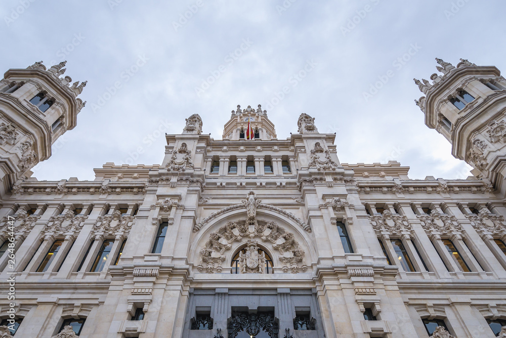Front view of Cybele Palace on a Cybele Square in Madrid, capital city of Spain