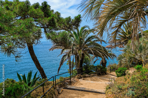 Stone staircase on hiking trail along the cliffs for tourists in the beautiful summer garden on the Mediterranean sea coast. Blanes, Catalonia, Spain.