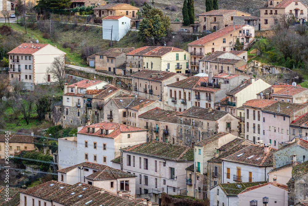 Aerial view with houses in Sepulveda, small historical town in Segovia region of Spain