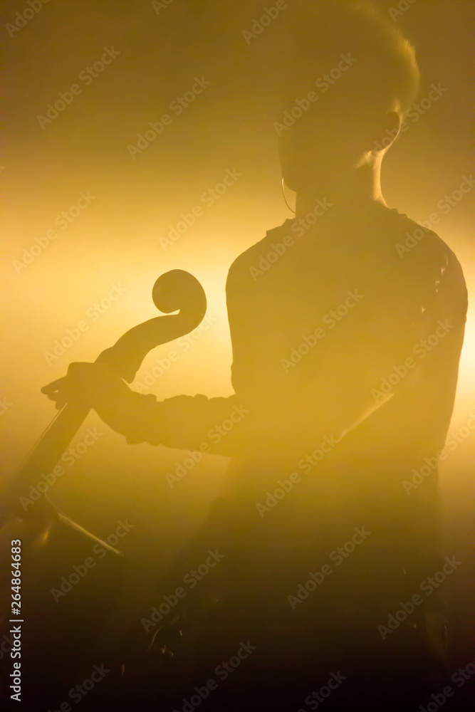 male musician with a cello on the stage lit by a yellow honey light from behind. reportage