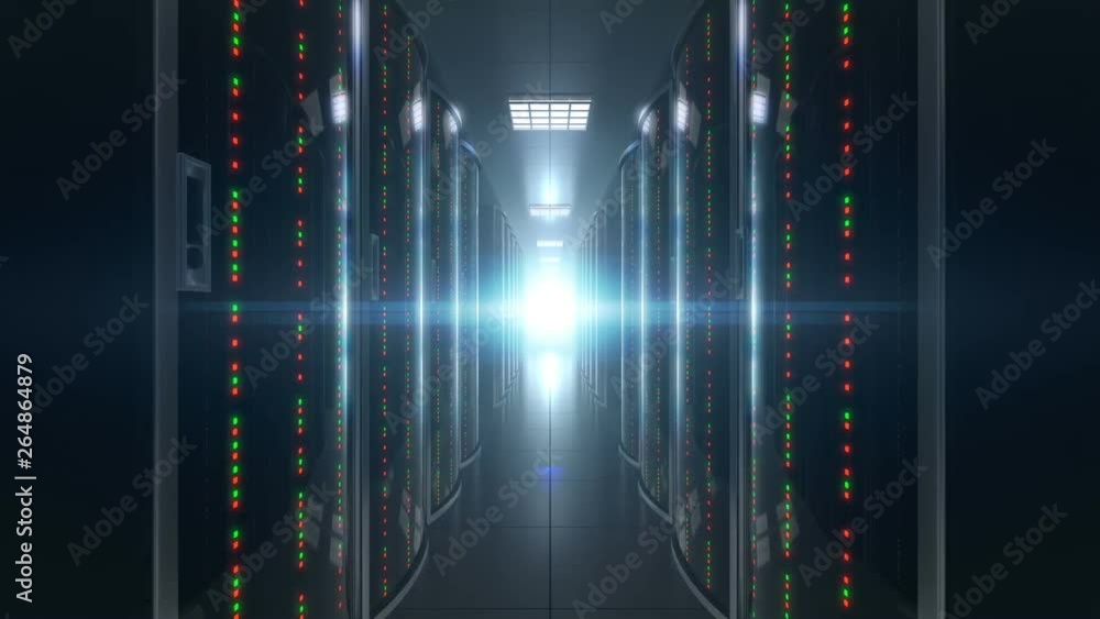 Business cg animation of inspection server room in hosting datacenter ...