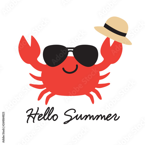 Hello summer crab wearing sunglasses and holding summer hat vector illustration. Summer beach vacation graphic.