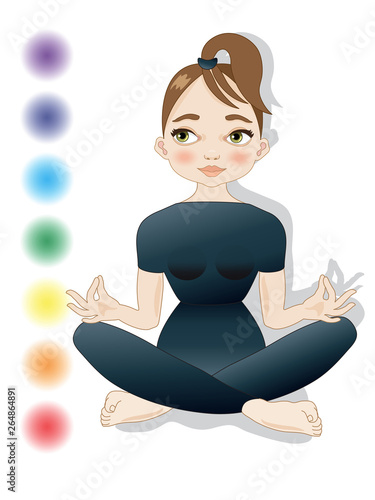 Figura femminile giovane donna pratica yoga con simboli chakra