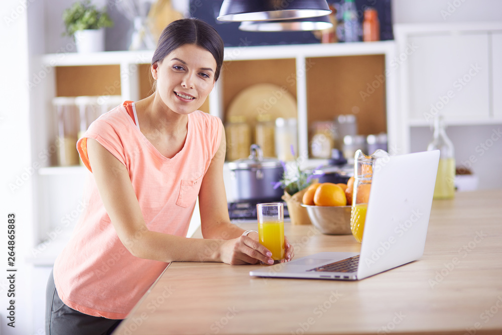 Young woman in kitchen with laptop computer looking recipes, smiling. Food blogger concept Young woman in kitchen with laptop computer looking recipes, smiling. Food blogger concept
