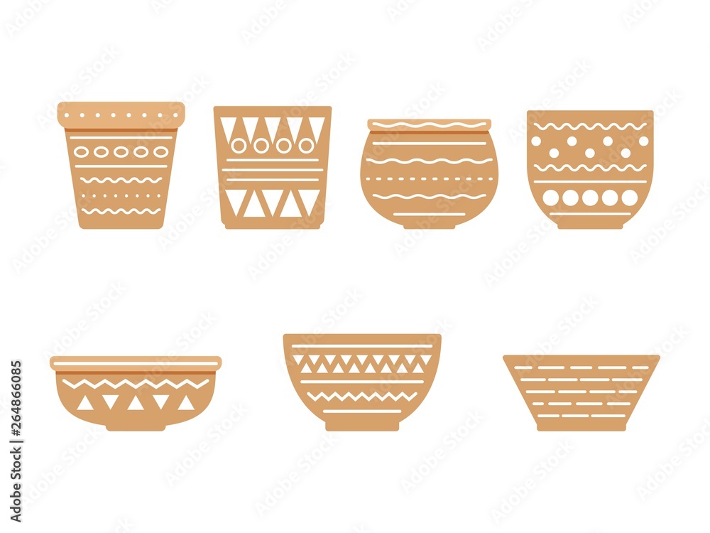 Set of empty flowerpots isolated on white background. Flowerpots with cute ornament. Gardening, horticulture concept Set of empty flowerpots isolated on white background. Flowerpots with cute ornament. Gardening, horticulture concept