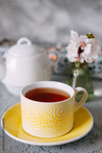 English breakfast. Tea served with brownies.