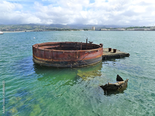 USS Arizona smoke stack at the Pearl Harbor Memorial on Oahu, Hawaii