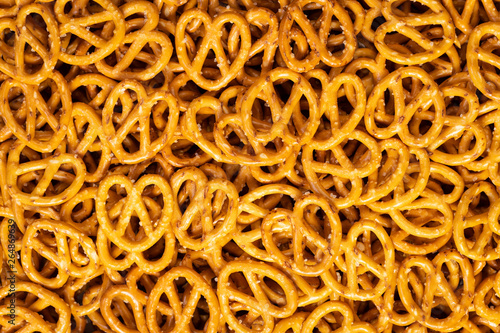 Food texture background of baked pretzels , top view.