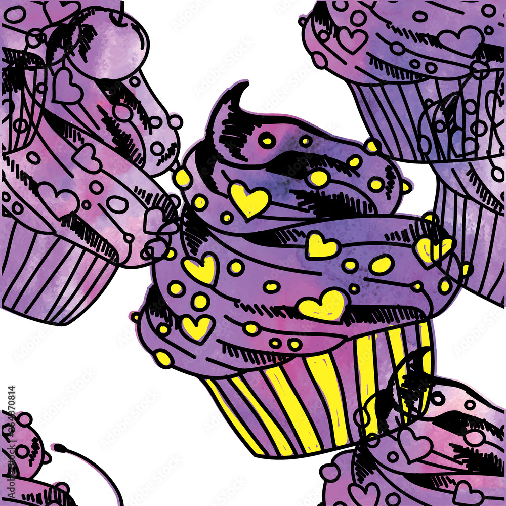 Seamless pattern with cakes. Cake with cherries. Drawing by hand. Background with sweets. Seamless pattern with cakes. Cake with cherries. Drawing by hand. Background with sweets.