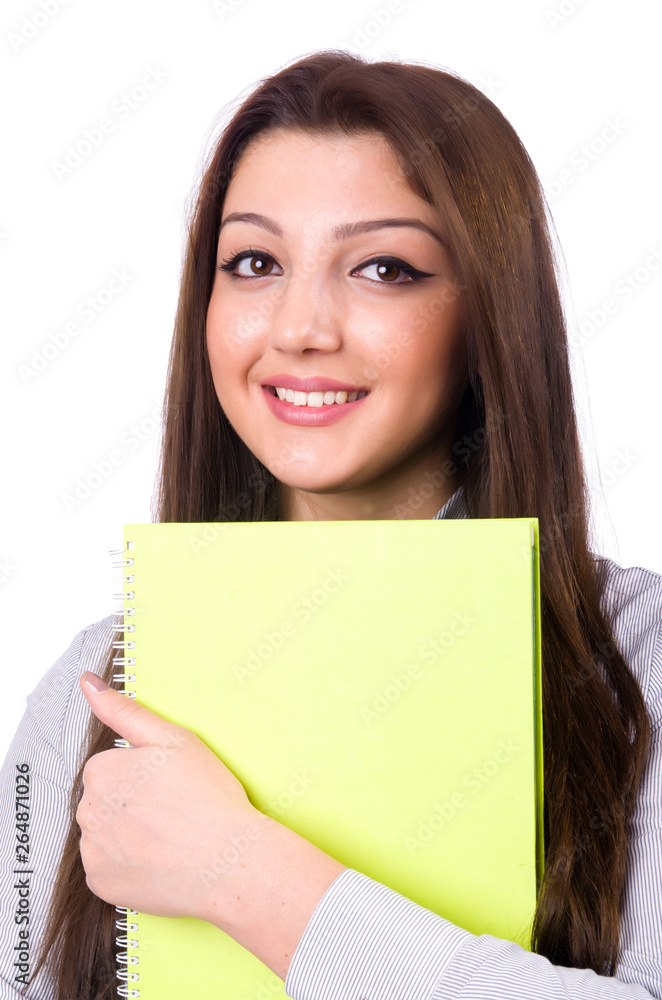 Young beautiful woman holding notes isolated on white Young beautiful woman holding notes isolated on white