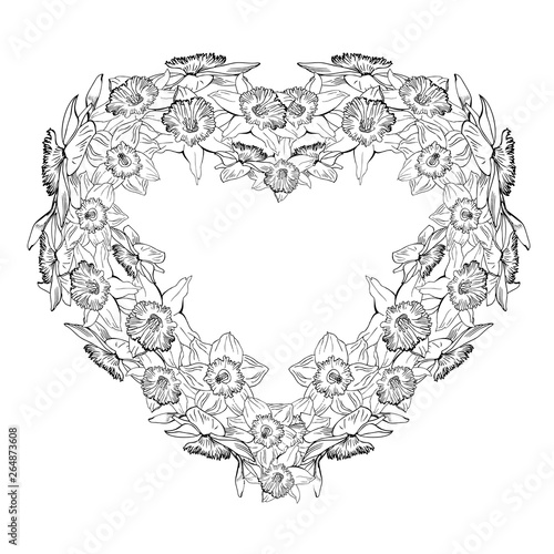 Monochrome floral heart from hand drawn flowers daffodils, narcissus. Black and white manual graphic. Perfect for greeting cards, wedding invitation, foto frame, floristic design.