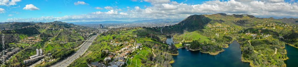 Aerial panorama Hollywood Hills California visible sign