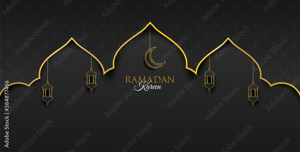 Ramadan Kareem ,Ramadan mubarak background. Design with moon, lantern on  gold, black background. paper art style. Vector. Stock Vector | Adobe Stock