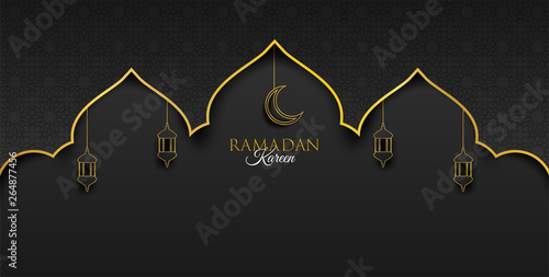 Ramadan Kareem ,Ramadan mubarak background. Design with  moon,  lantern on gold, black background. paper art style. Vector.