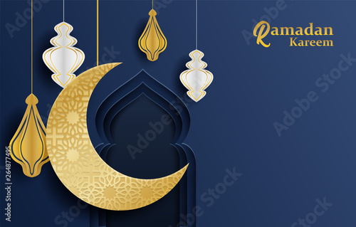Ramadan Kareem ,Ramadan mubarak background. Design with  moon,  lantern, mosque on midnight blue background. paper art style. Vector.