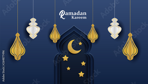 Ramadan Kareem ,Ramadan mubarak background. Design with  moon,  lantern, mosque on midnight blue background. paper art style. Vector.
