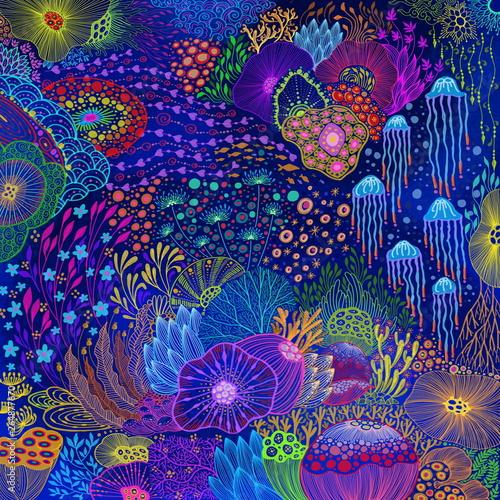 Under the Sea with coral concept design with ecosystem bursting illustration doodle neon colorful painting style background 