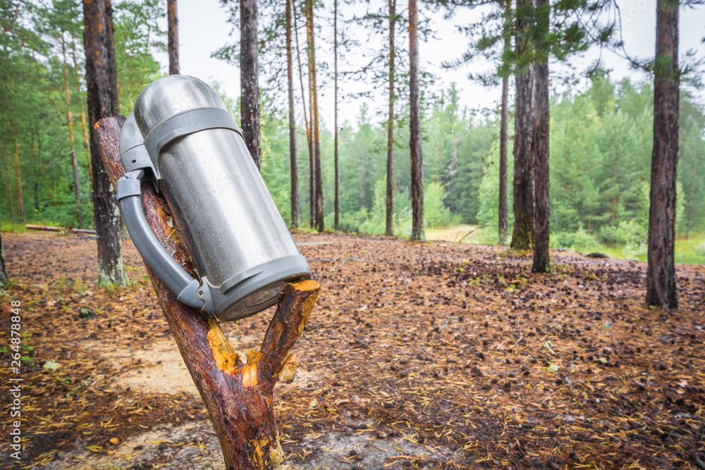 Sealed camping thermos for hot tea or coffee hangs on wooden stick and dries in woods after rain. Sealed camping thermos for hot tea or coffee hangs on wooden stick and dries in woods after rain.