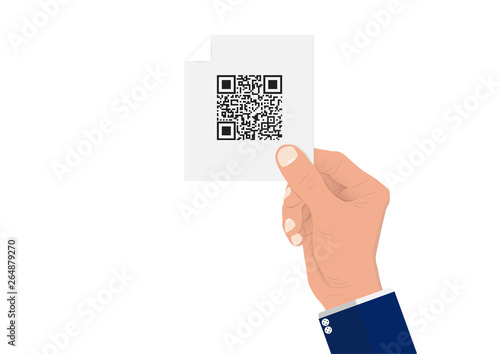 Businessman' hand holding paper with qr code vector illustration