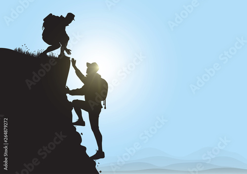 Silhouette of two people hiking climbing mountain and helping each other on blue sky background, helping hand and assistance concept vector illustration