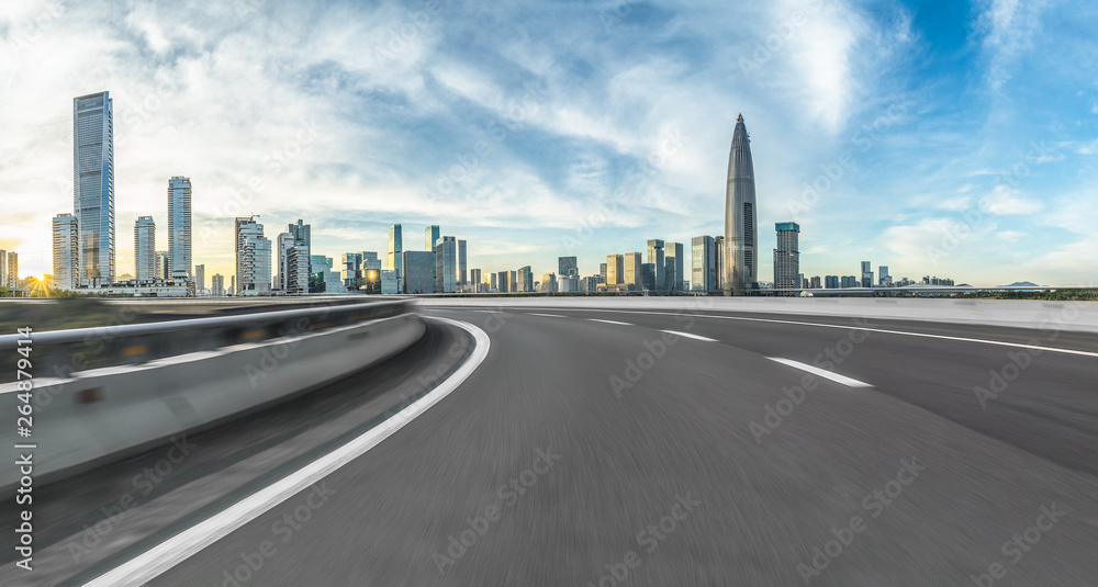 cityscape and skyline of Shenzhen from empty asphalt road