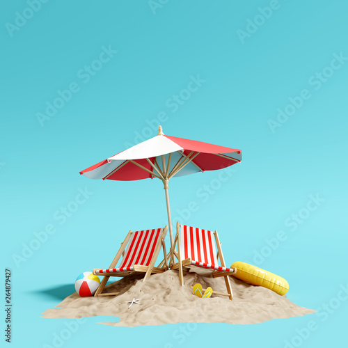 Fotografia Beach umbrella with chairs and sand on pastel blue background